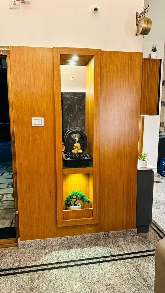 Completed foyer niche joinery in a Bengaluru home