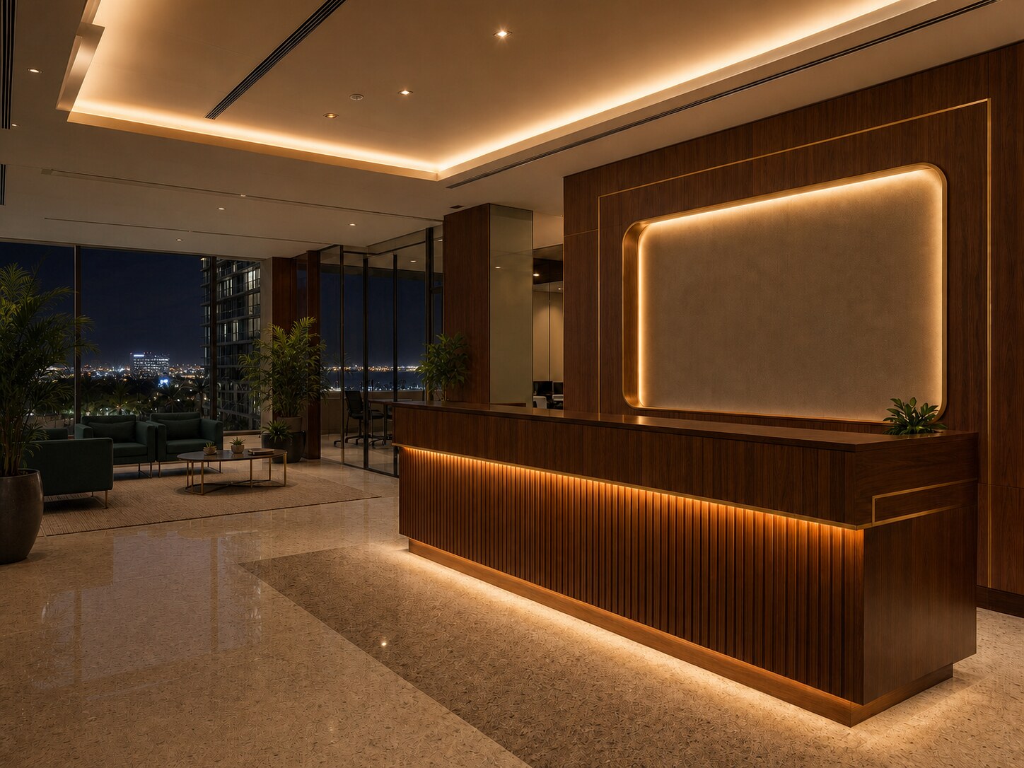 Reception joinery with lighting from a completed Vizag fit-out