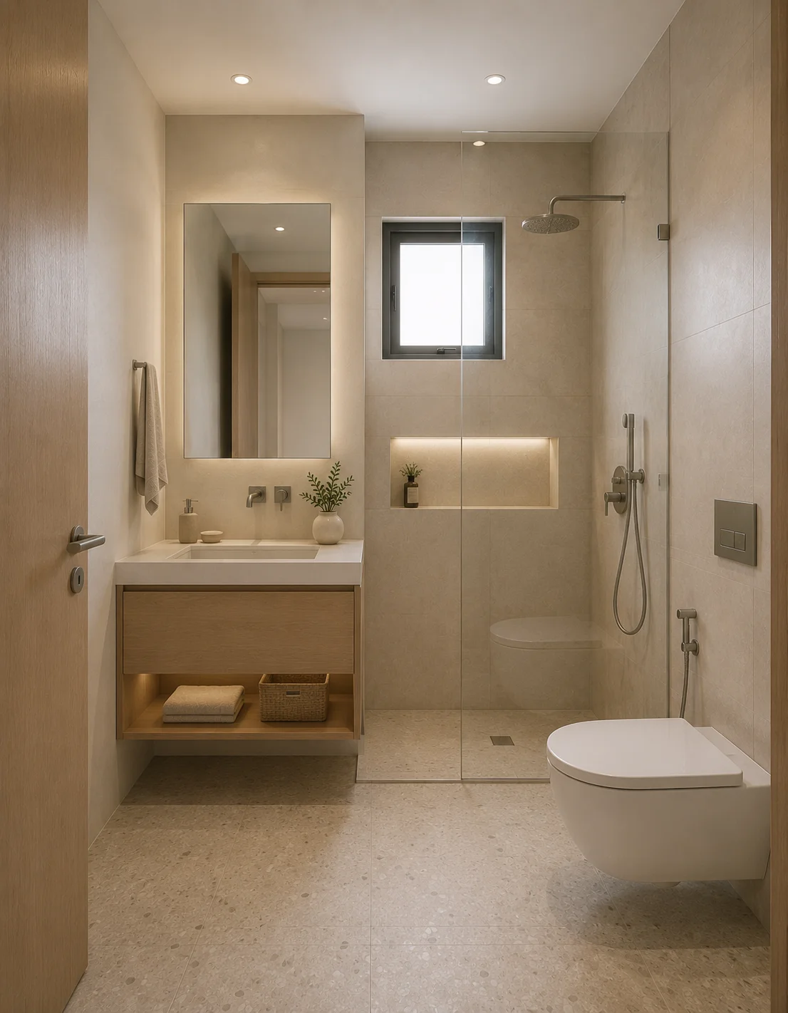 Minimal bathroom with floating vanity, backlit mirror, and frameless glass shower