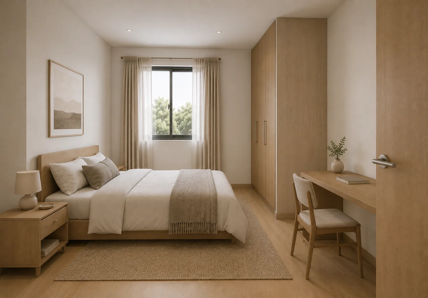 Secondary bedroom with oak bed, built-in wardrobe, and wall-mounted study desk