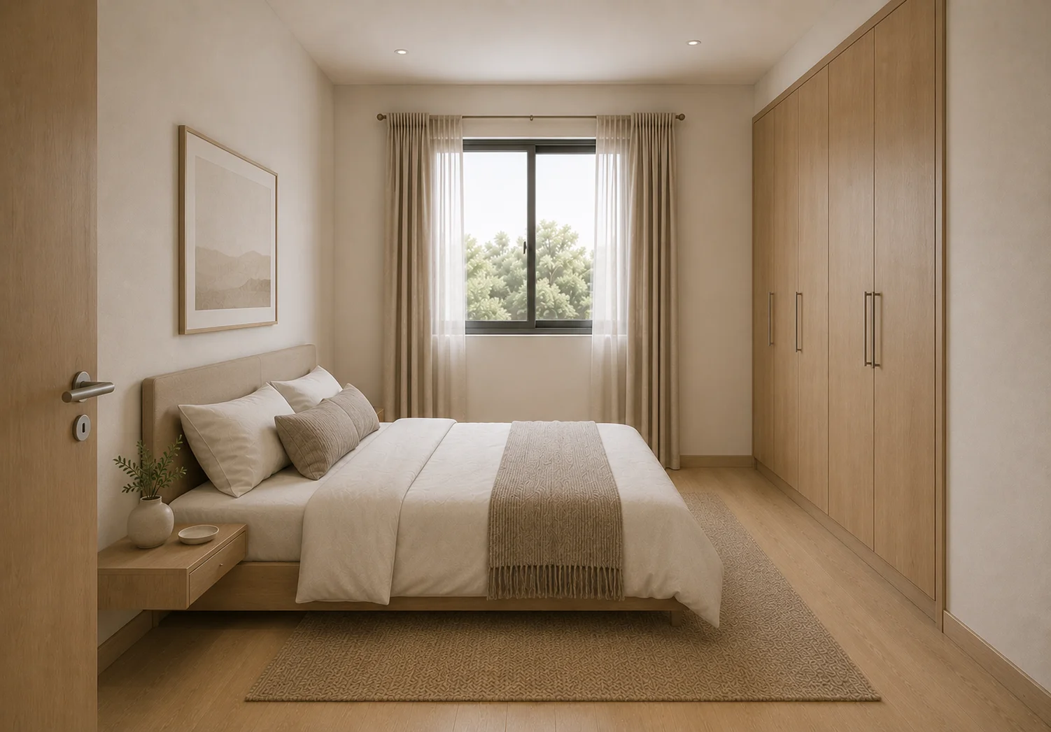 Second bedroom with low-profile bed, floating wardrobe, and sheer drapes