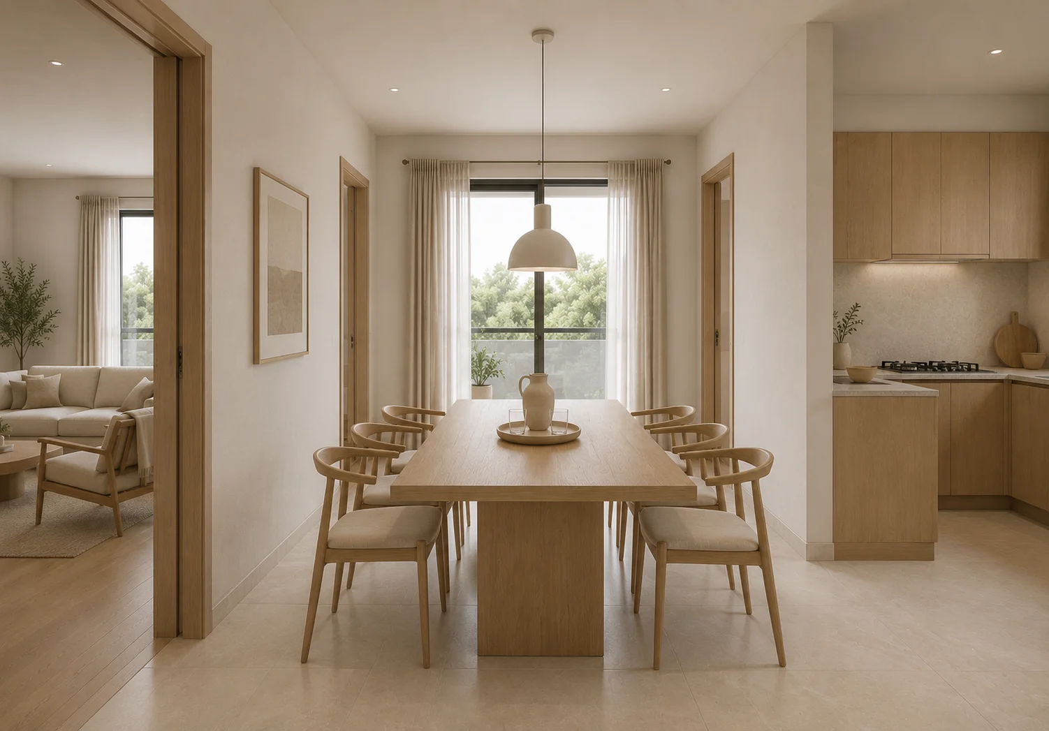 Dining area with oak table for eight, pendant light, and view to living and kitchen
