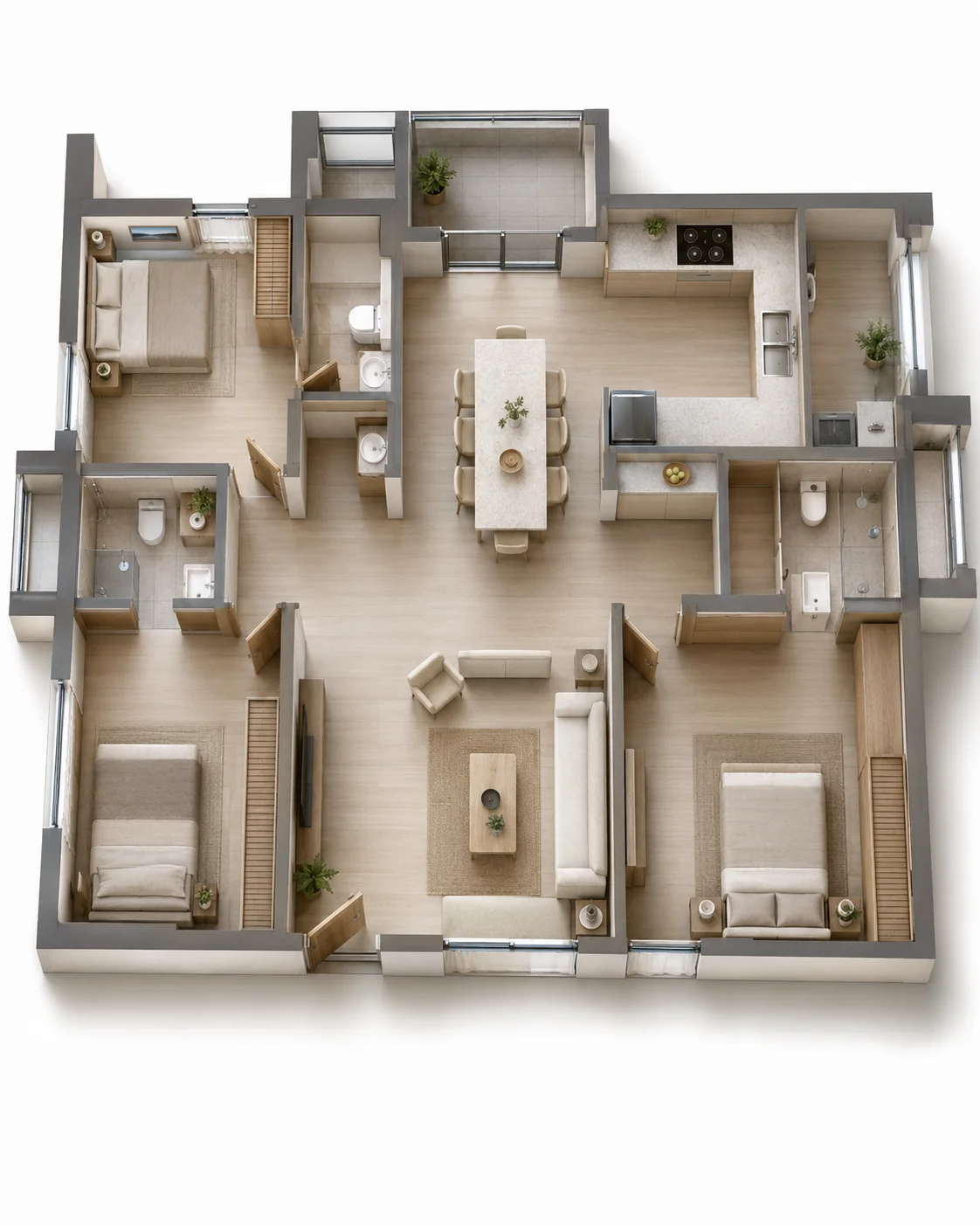 3D floor plan of 1910 sqft Aparna Zicon minimalist home