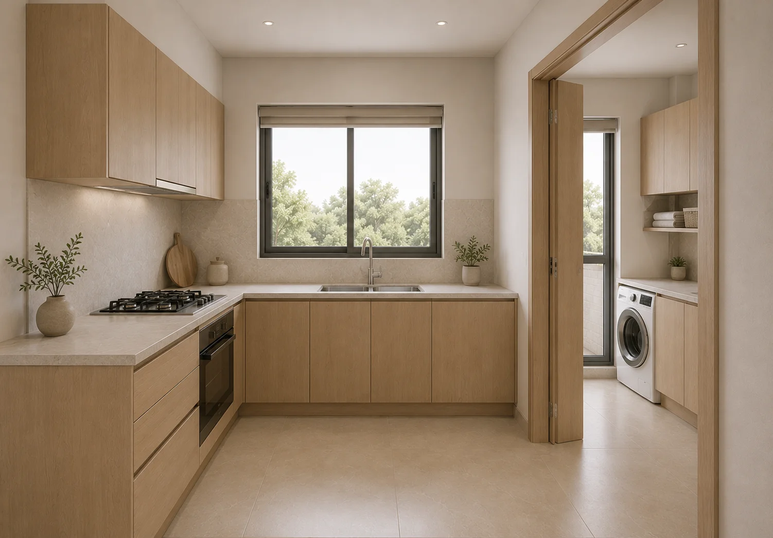 L-shaped modular kitchen with light wood cabinets, stone countertop, and utility room beyond