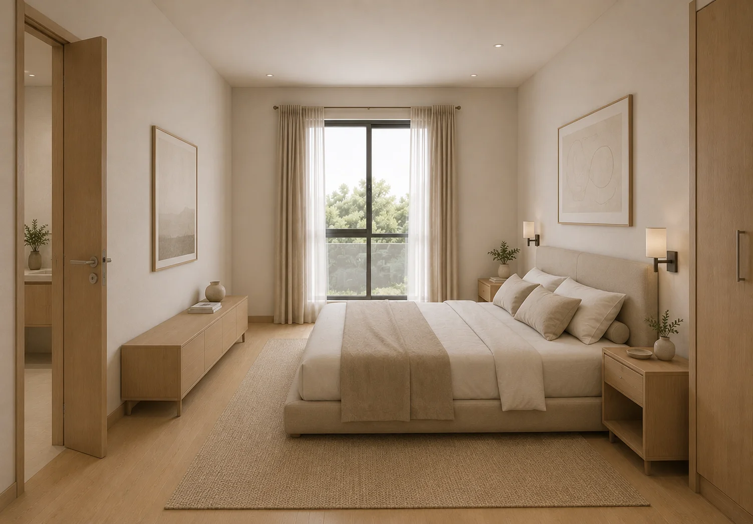 Master bedroom with upholstered headboard, warm lighting, and built-in wardrobe