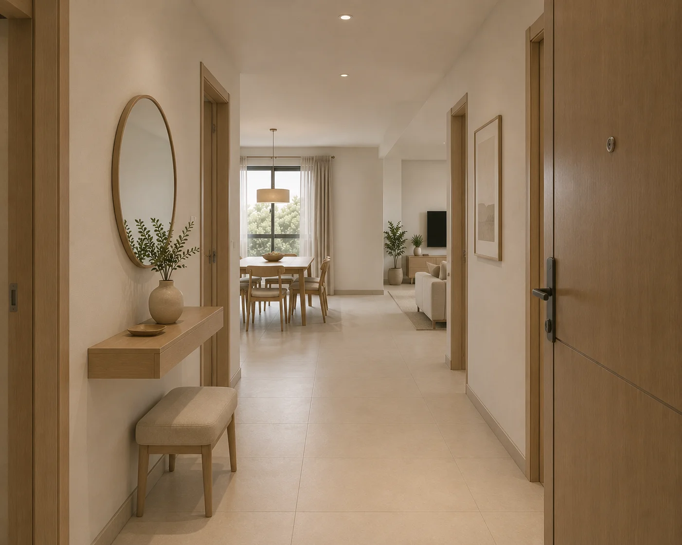Entry foyer with console table, oval mirror, and view to dining and living areas