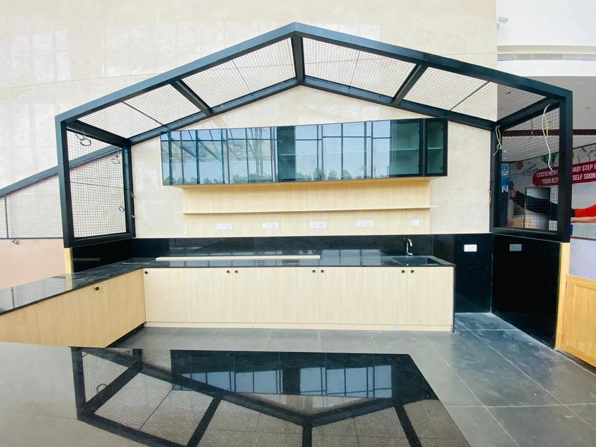 Cha Republic mall kiosk fit-out in Hyderabad by AlcorOne Solutions — Gabled steel portal