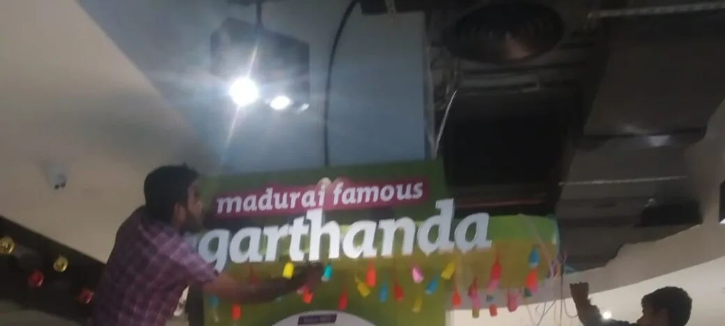Madurai Famous Jigarthanda kiosk fit-out in Chennai by AlcorOne Solutions — Signage install