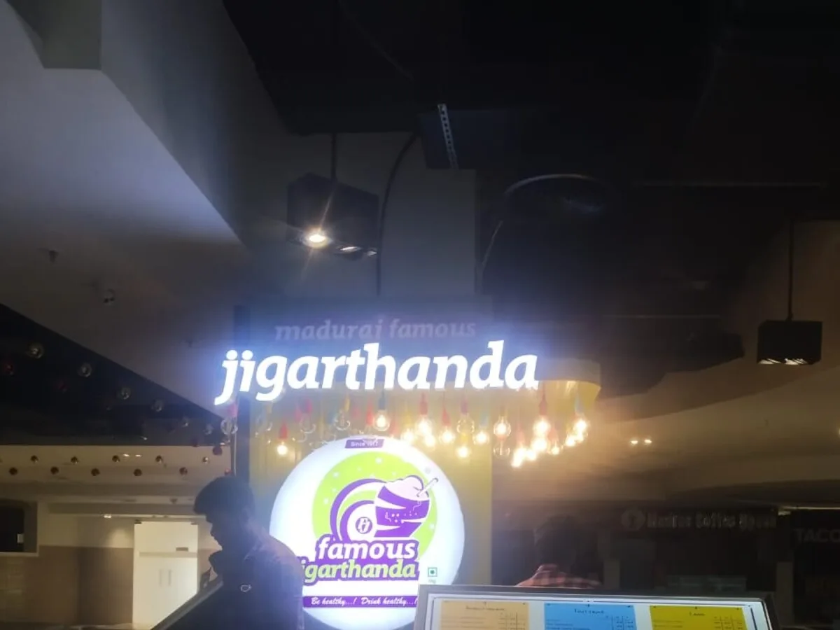 Madurai Famous Jigarthanda kiosk fit-out in Chennai by AlcorOne Solutions — Backlit fascia signage