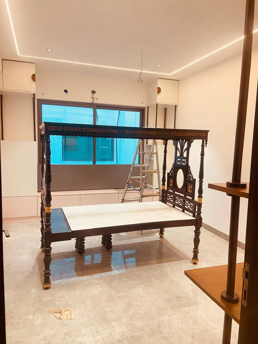 EIPL La Paloma duplex interior in Hyderabad by AlcorOne Solutions — Carved daybed