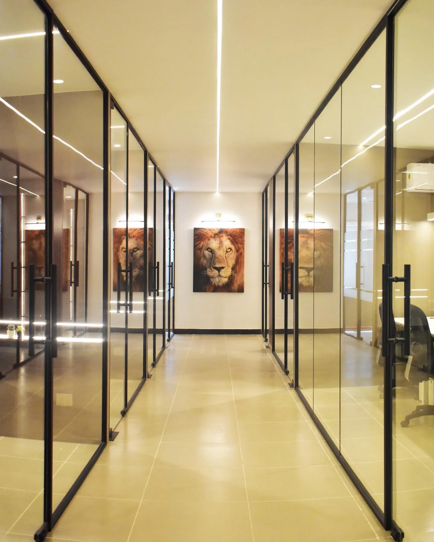 Vedant Petrochem office fit-out Hyderabad by AlcorOne Solutions — glass cabin corridor
