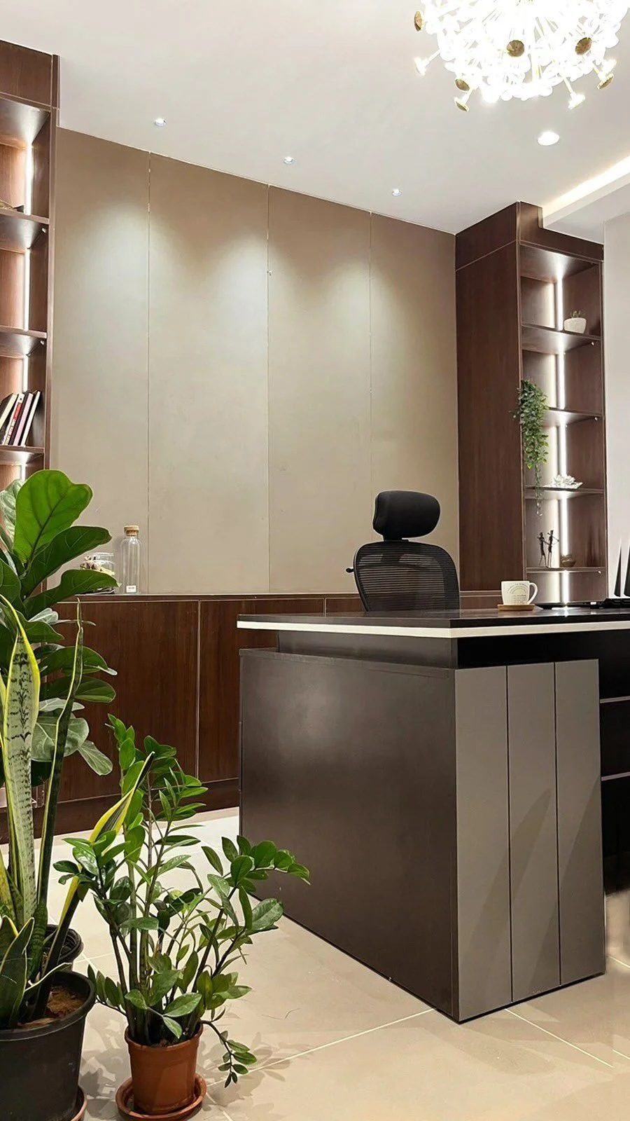 Vedant Petrochem office fit-out Hyderabad by AlcorOne Solutions — MD cabin with walnut joinery