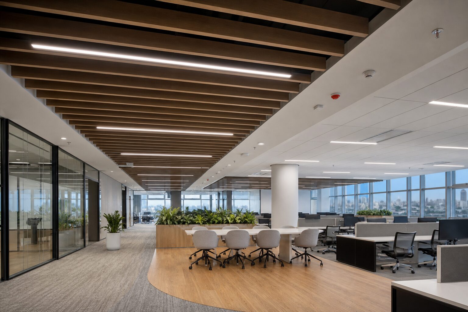 Timber Slat Breakout Canopy + Grid Ceiling