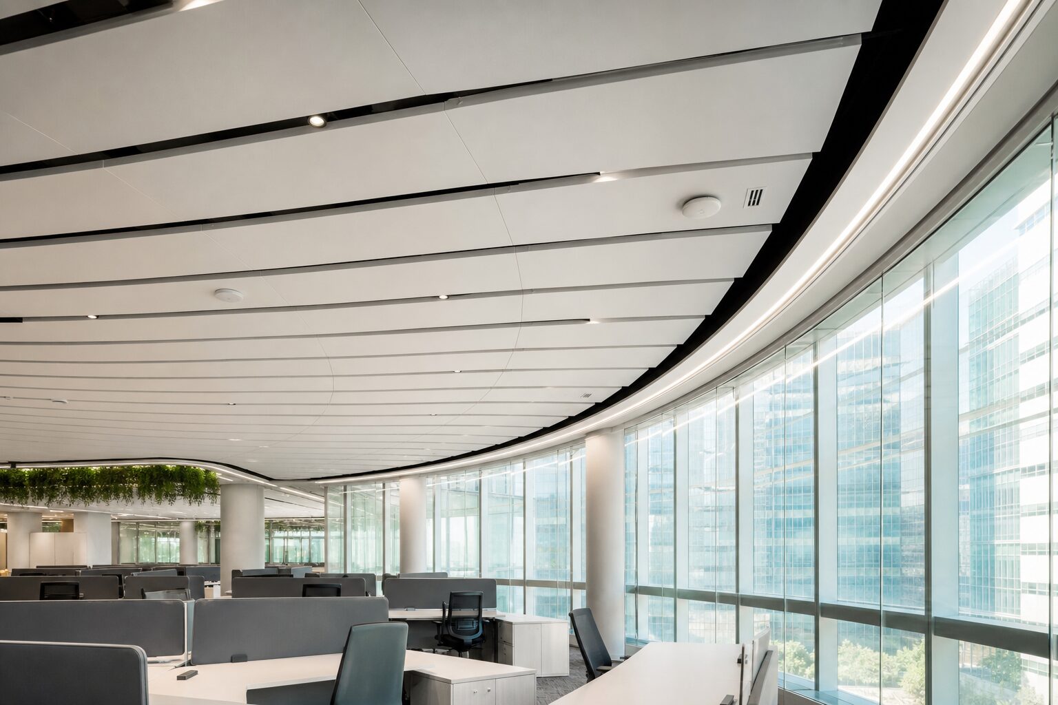 Curved Perimeter Ceiling Along Glass Facade