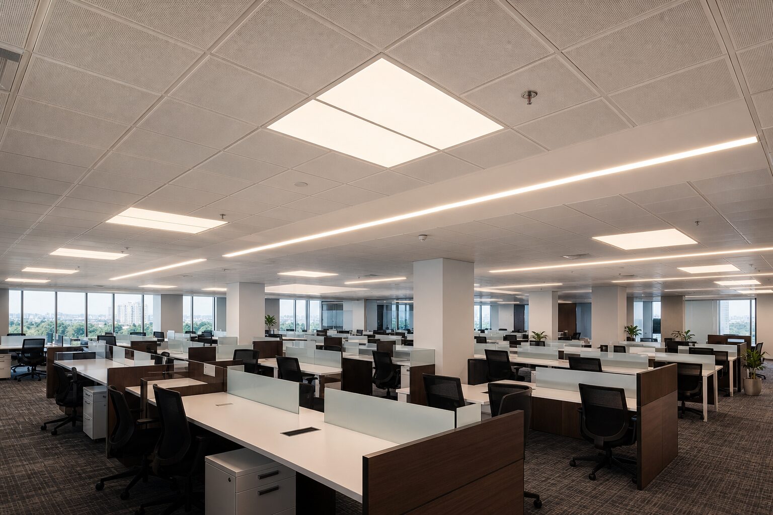 Diagonal Light Panel Accents in Grid Ceiling