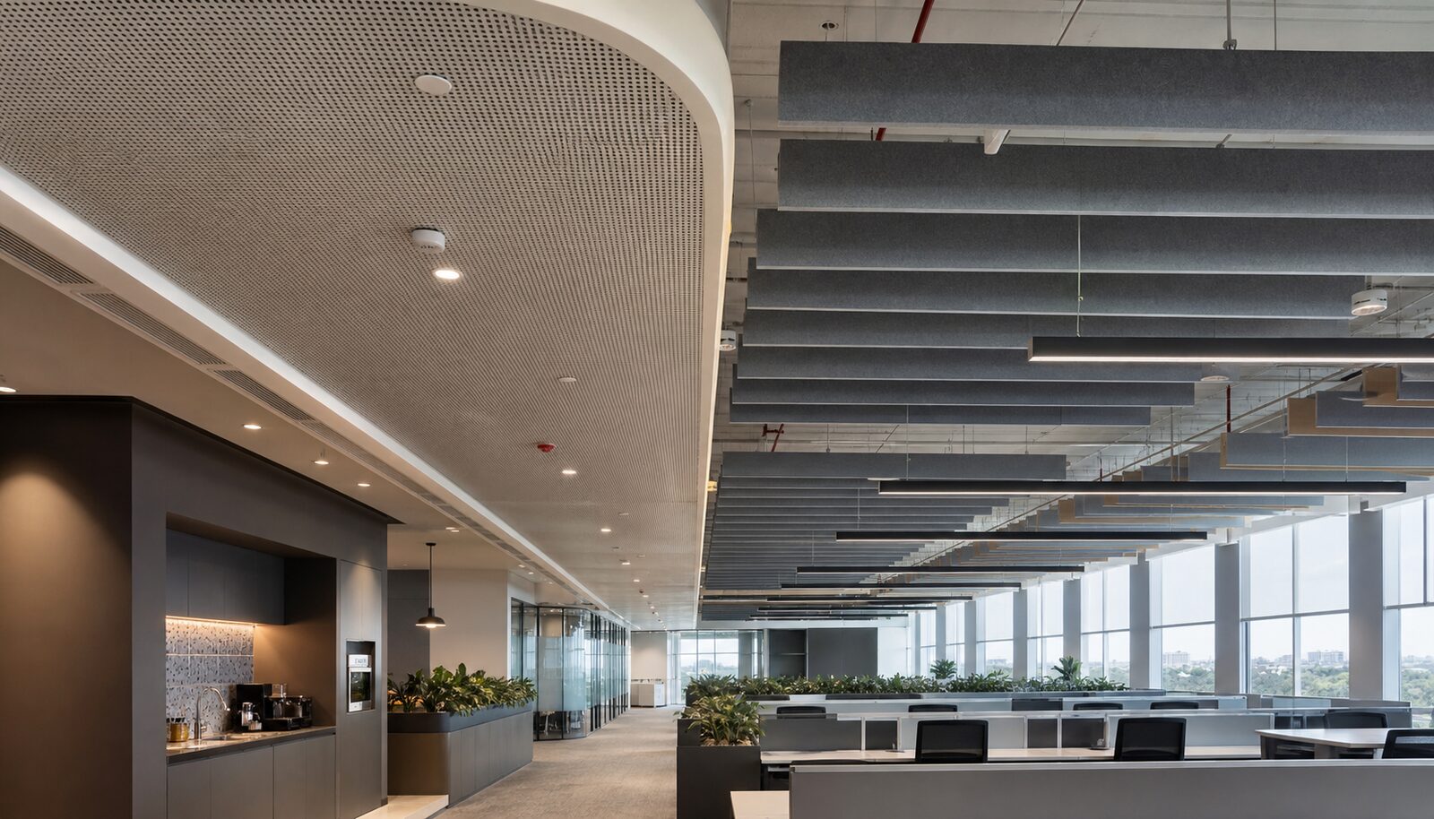 Curved Ceiling to Acoustic Baffle Transition