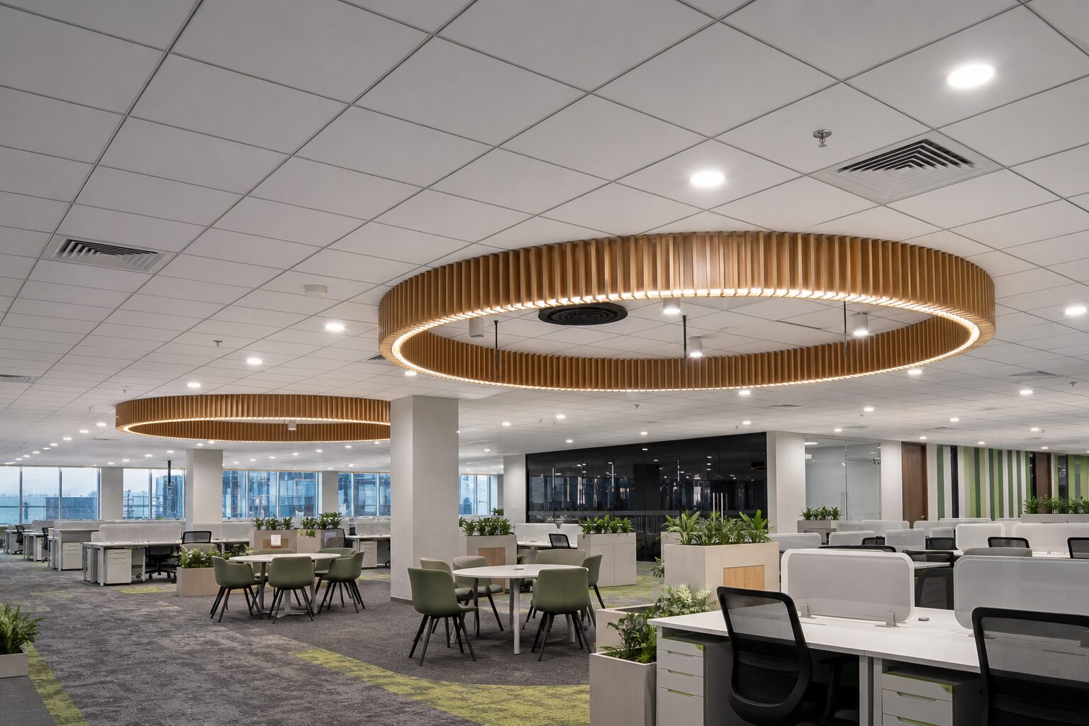 Wood Slat Halo Rings over Breakout Zone