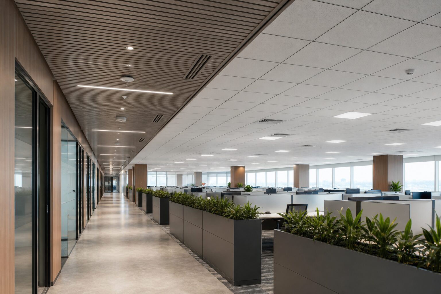 Wood Slat Corridor to Grid Transition