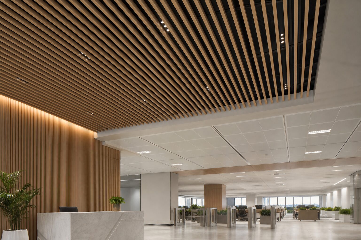 Wood Slat Reception Canopy, Turnstile Entry