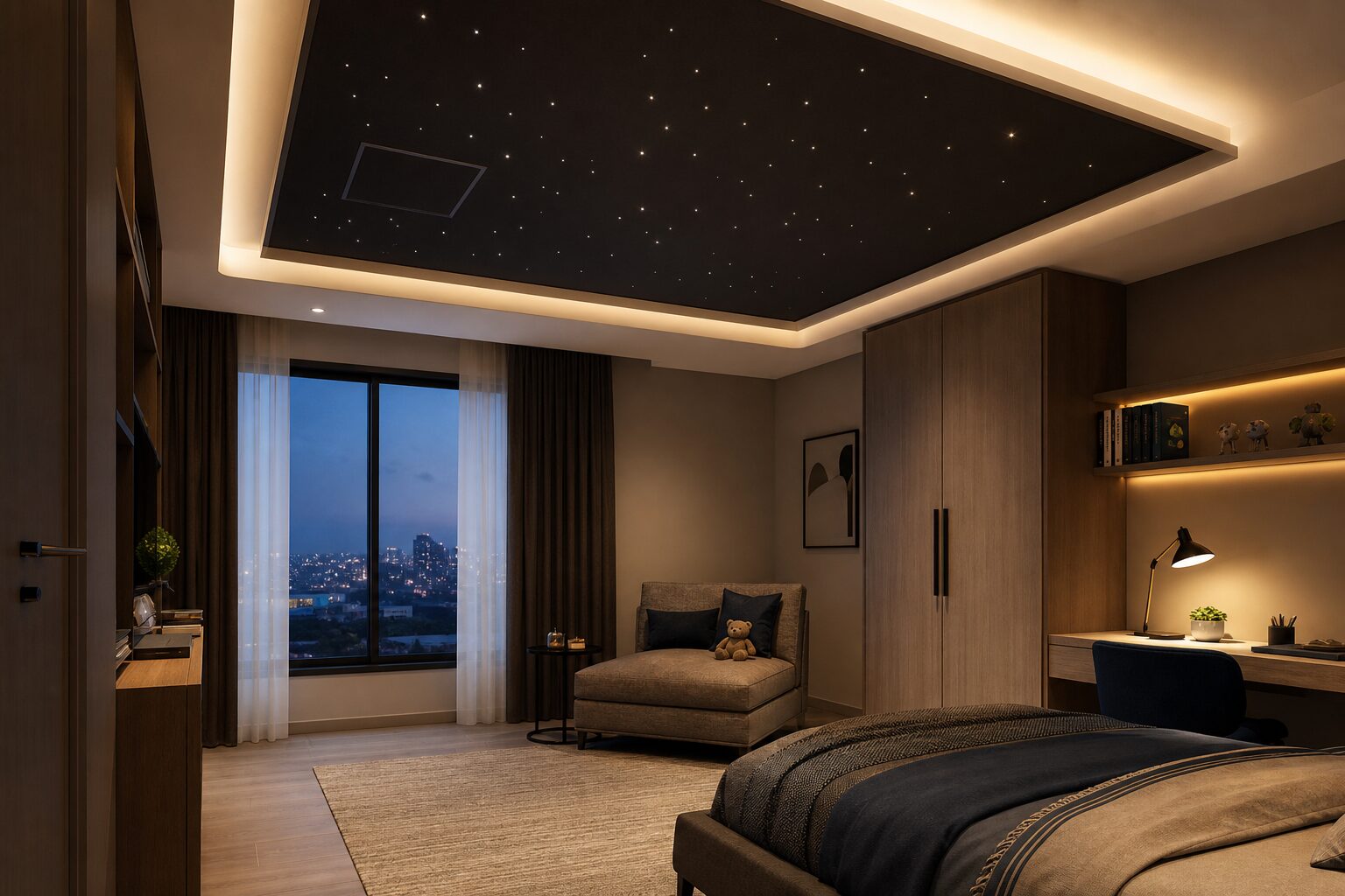 Fibre-optic night sky false ceiling in a bedroom