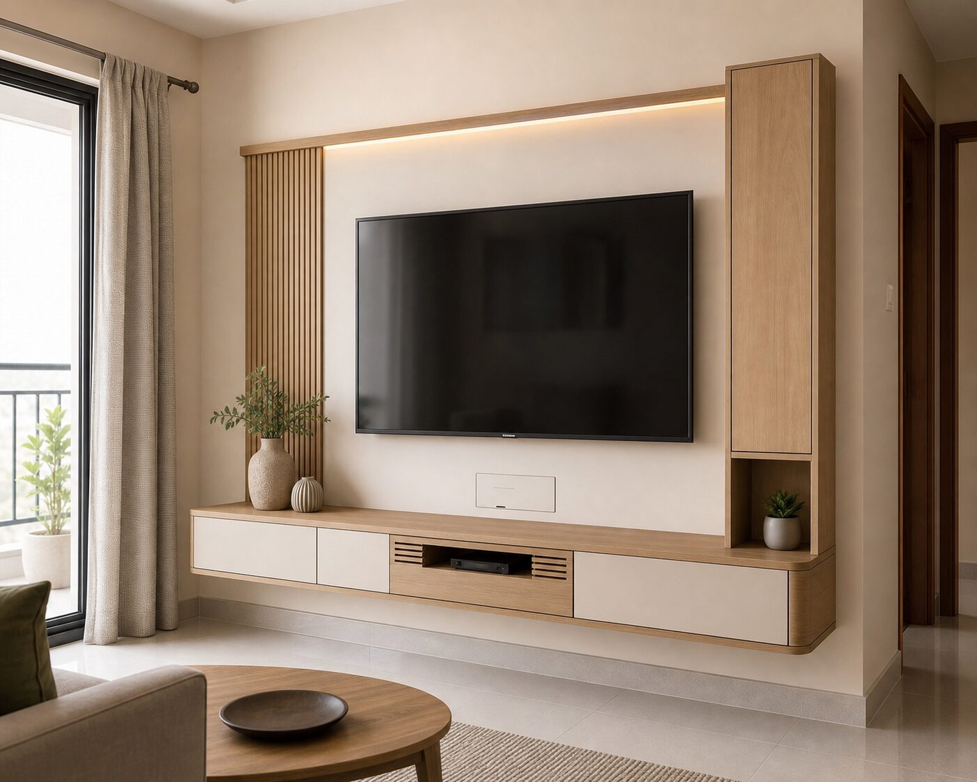 Compact Oak and Ivory TV Wall