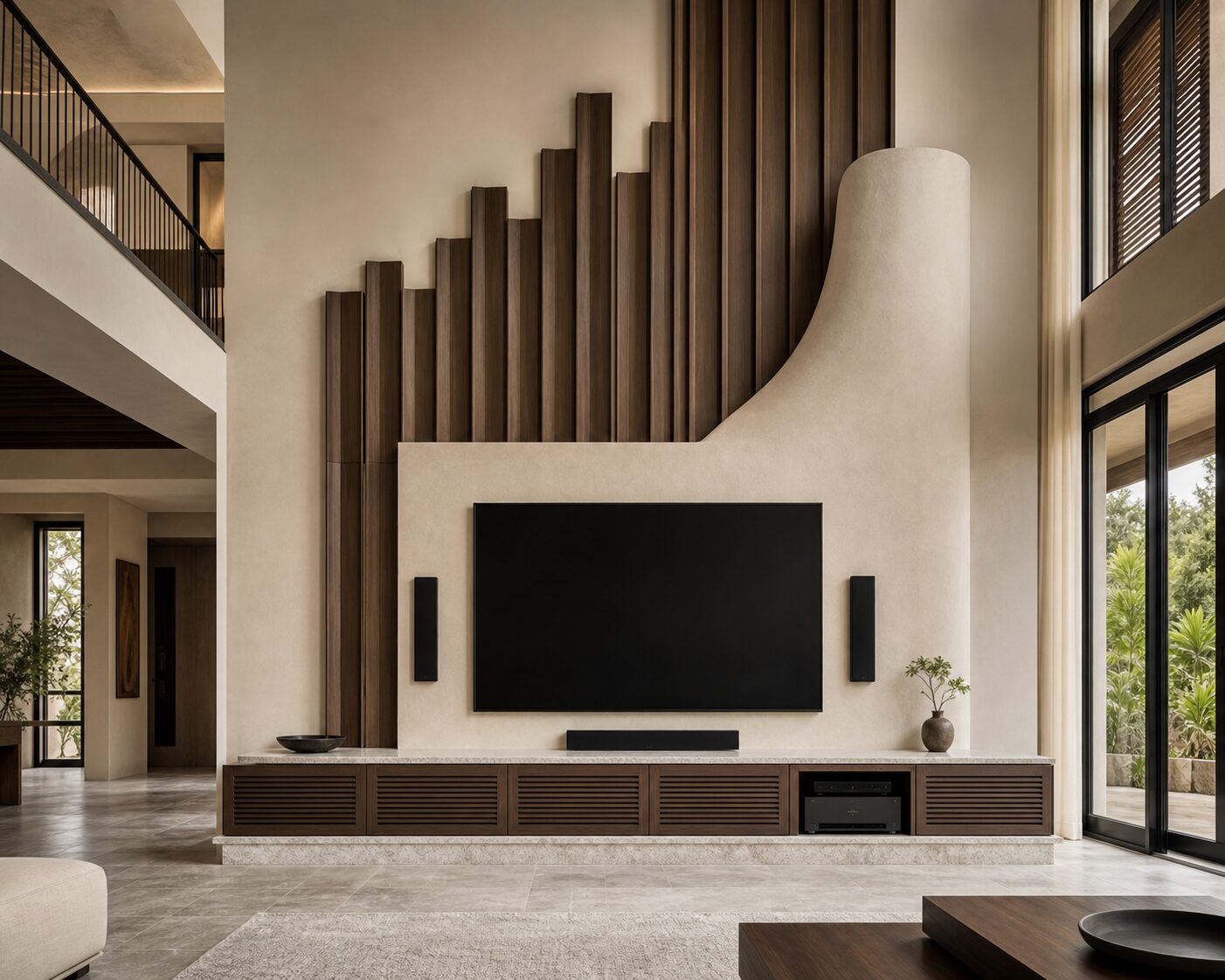 Sculptural Double-Height TV Wall