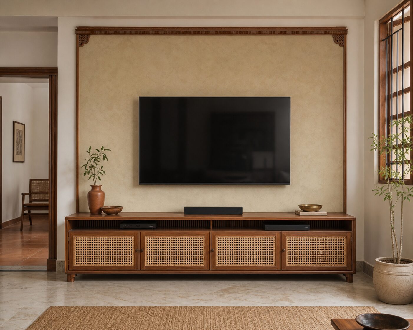 Teak and Cane Crafted Console