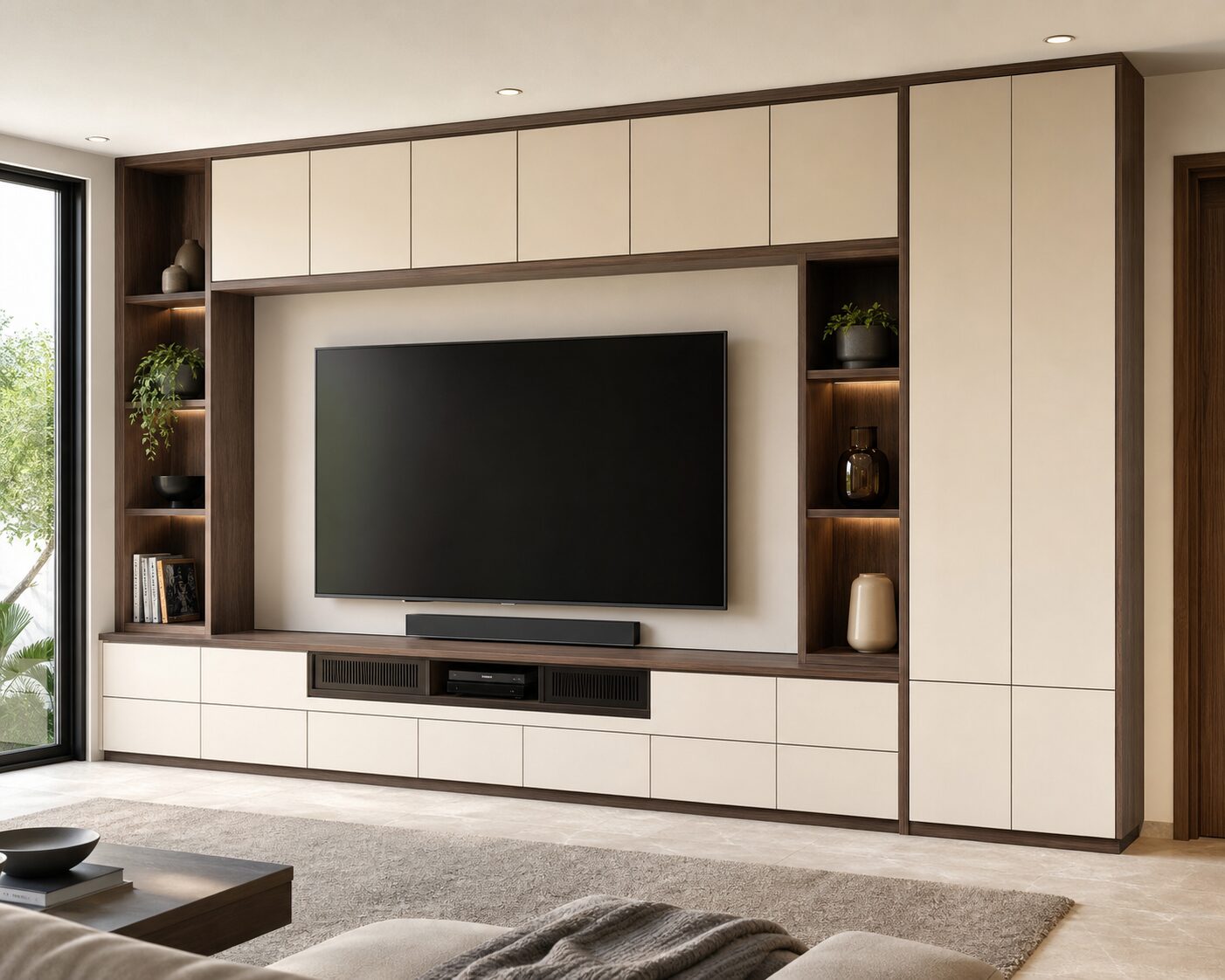 Cream and Walnut Storage Wall