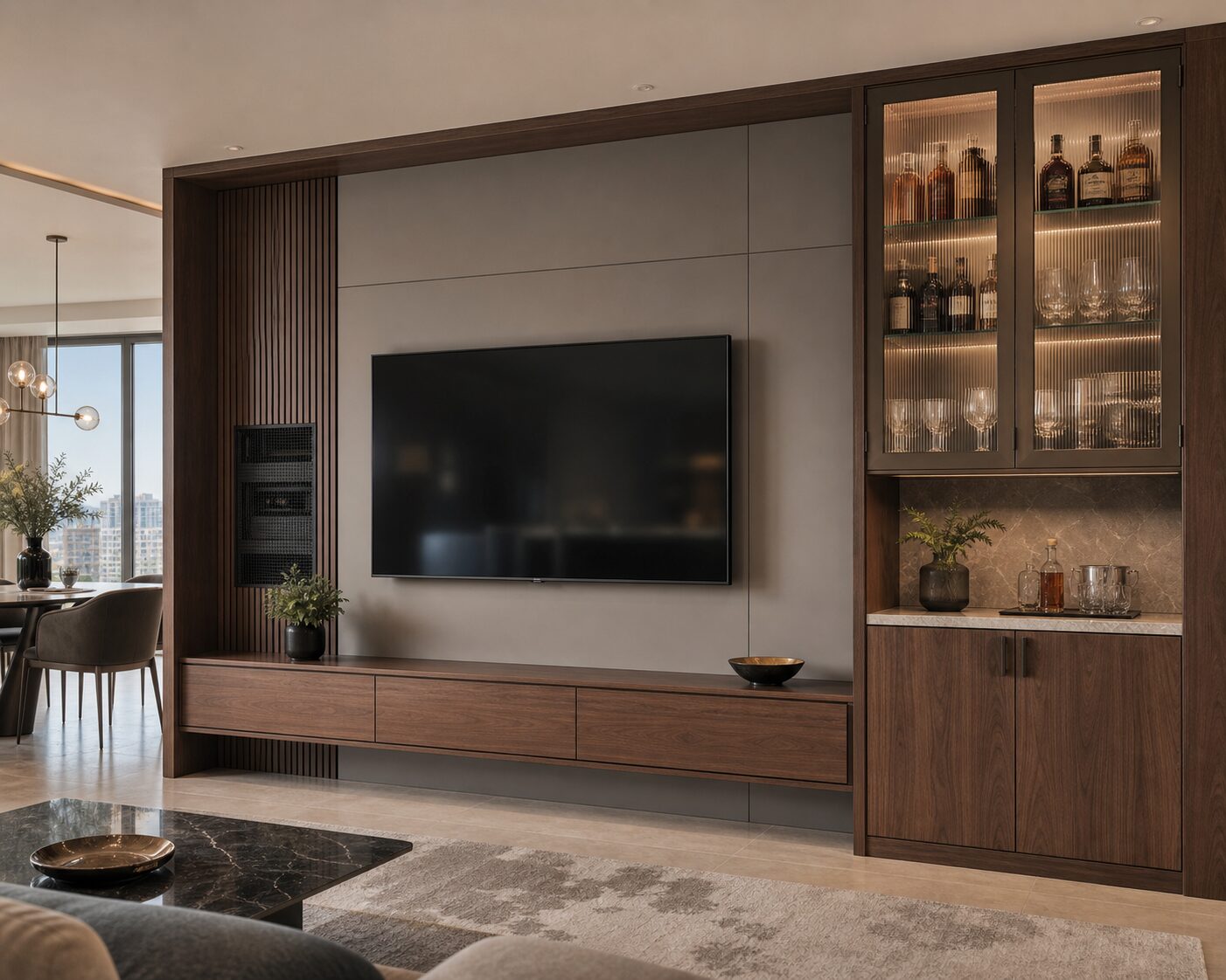 Walnut Media Wall with Dry Bar