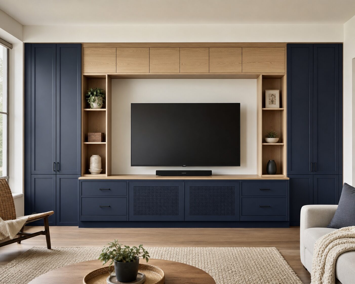Navy and Oak Storage Wall