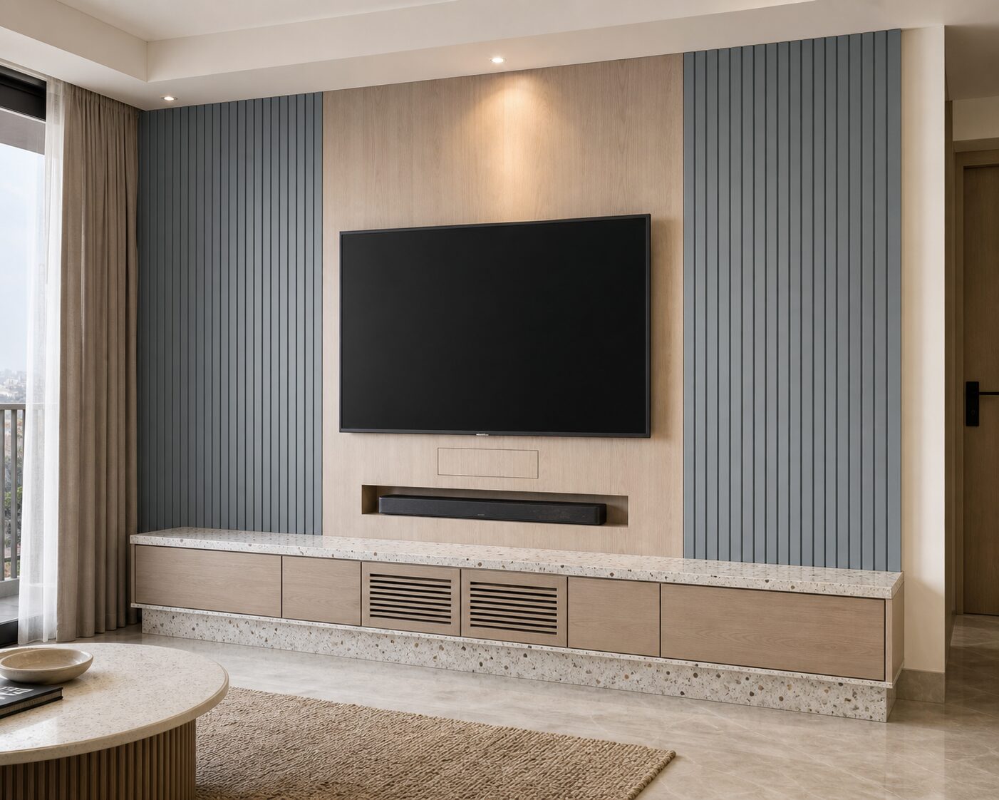 Blue Fluted Terrazzo Media Wall