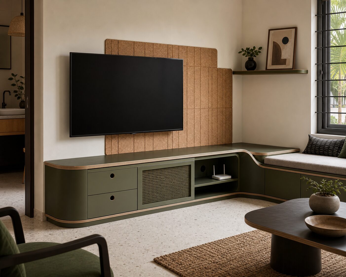 Olive Cork Corner Media Bench
