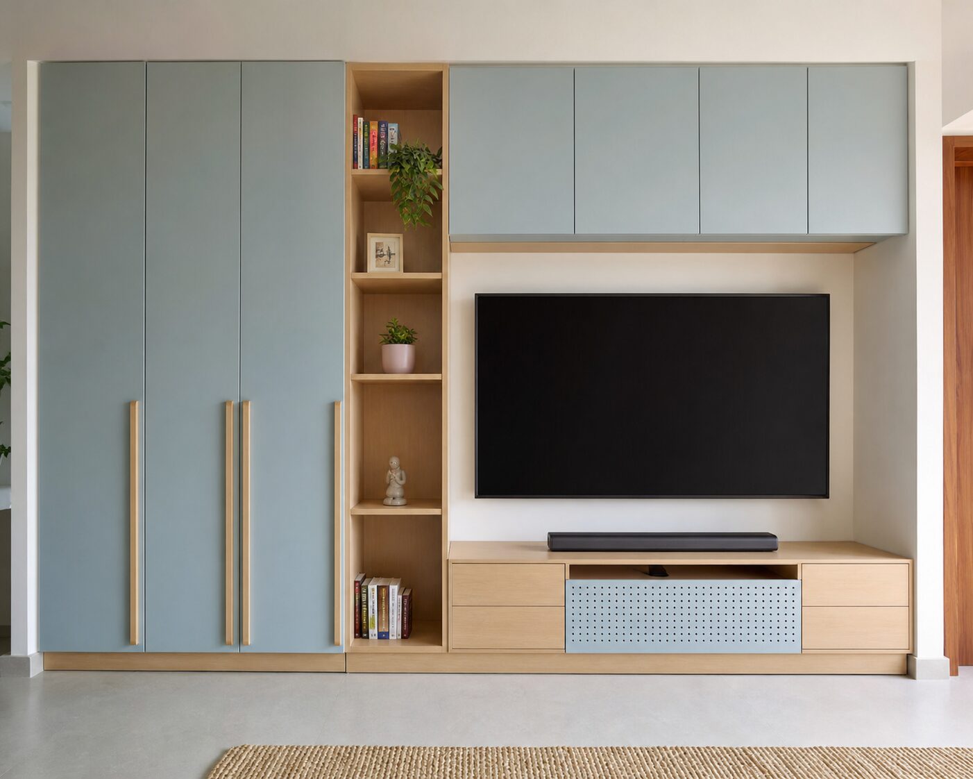 Pale Blue and Birch Storage Wall