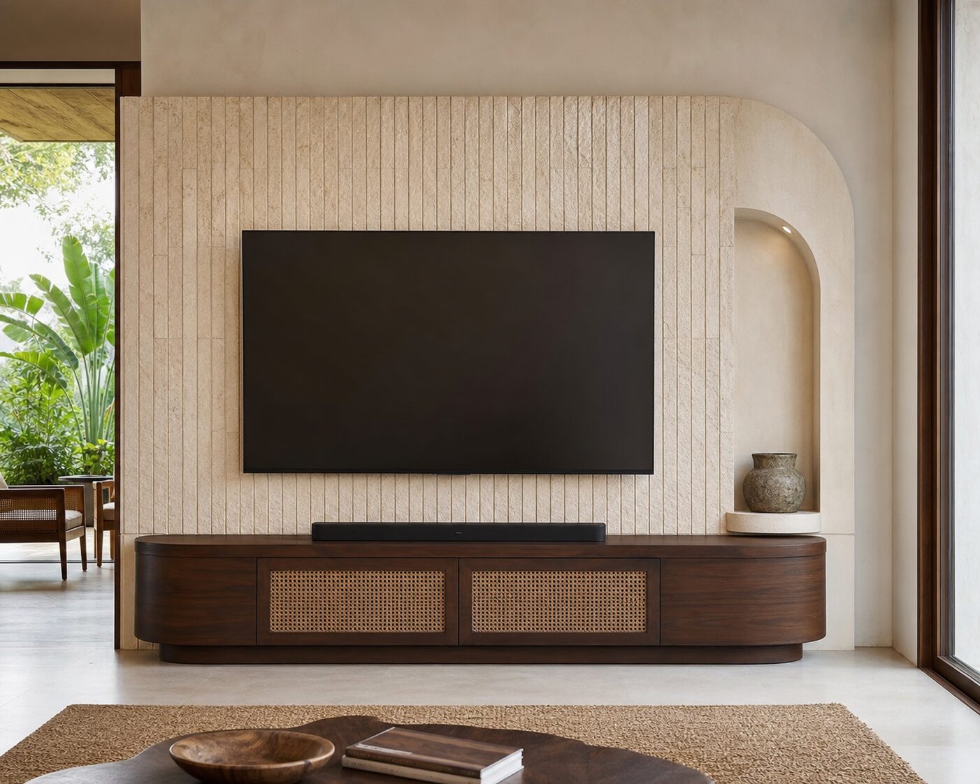 Fossil Limestone Curved Media Wall