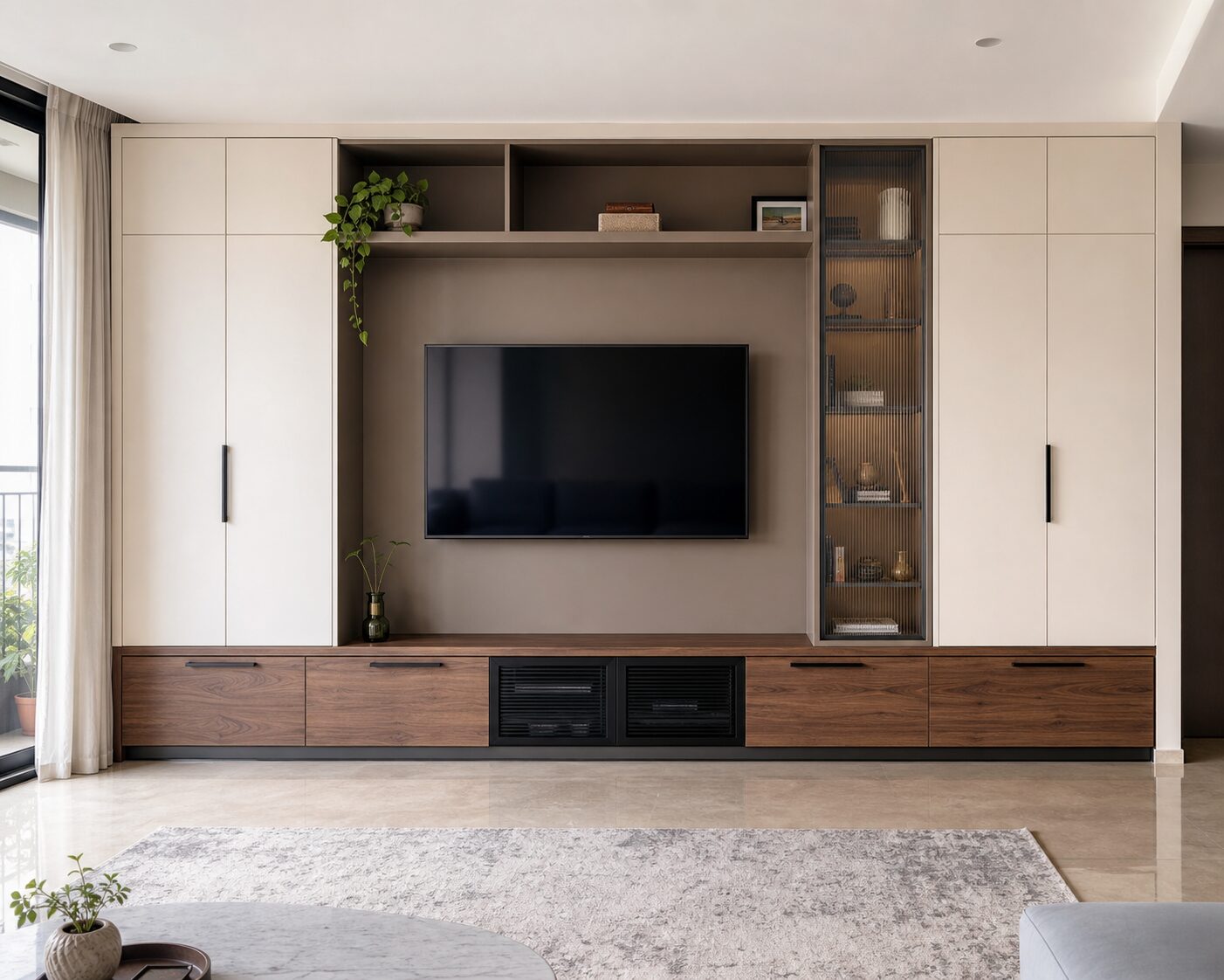 Cream Taupe Walnut Storage Wall