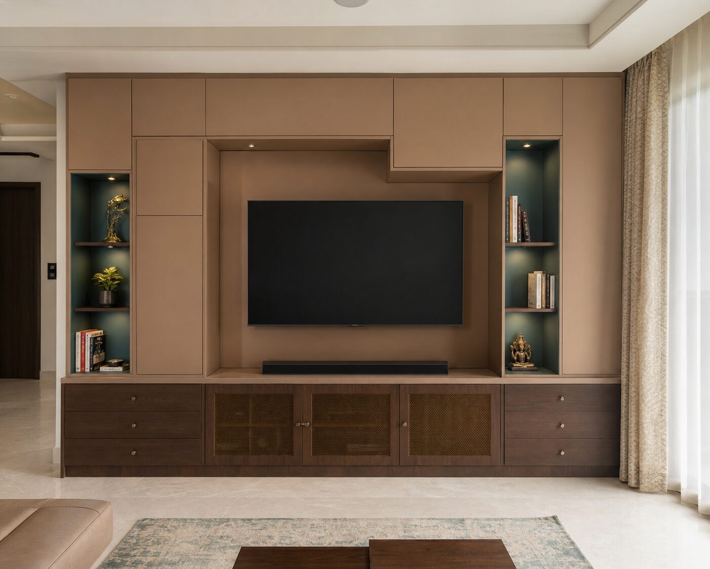 Caramel and Teal Storage Wall