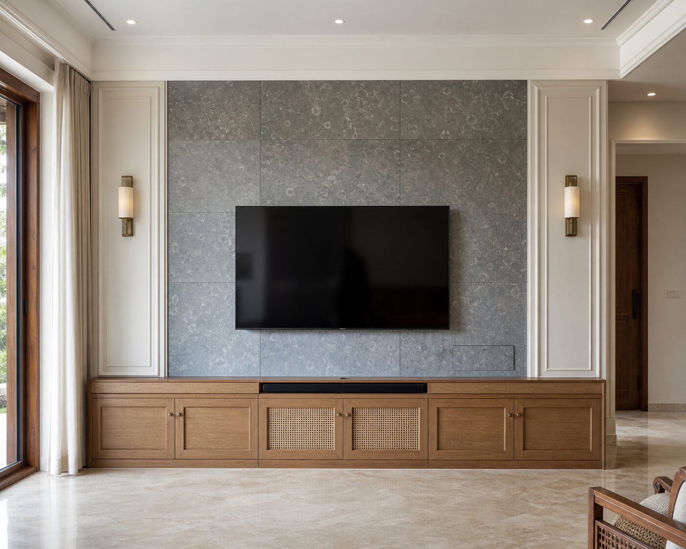 Blue Grey Limestone Media Wall