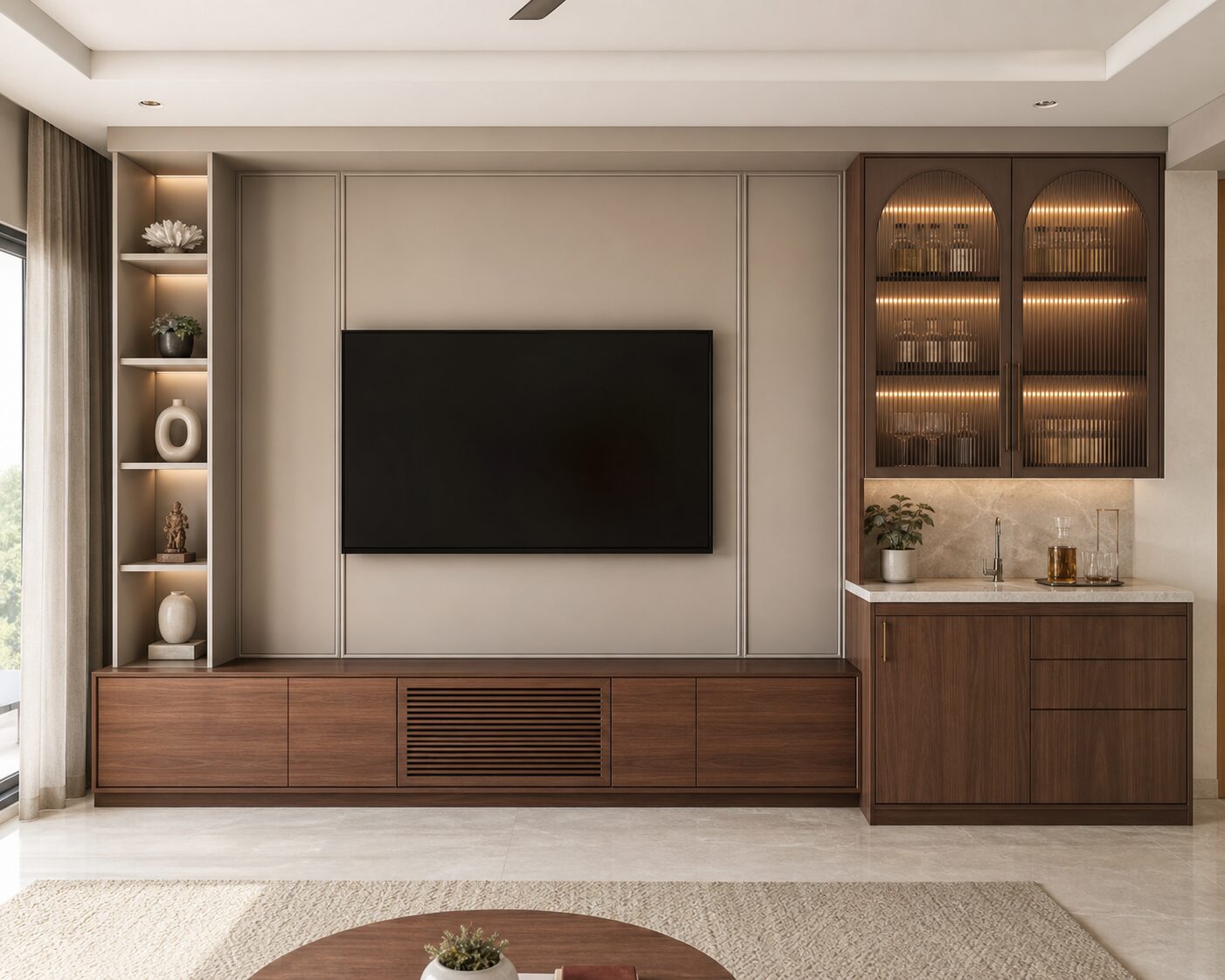 Walnut Media Wall with Arched Bar