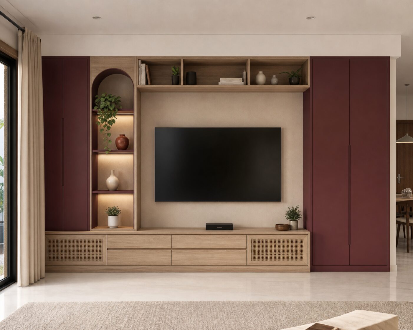 Burgundy and Oak Storage Wall