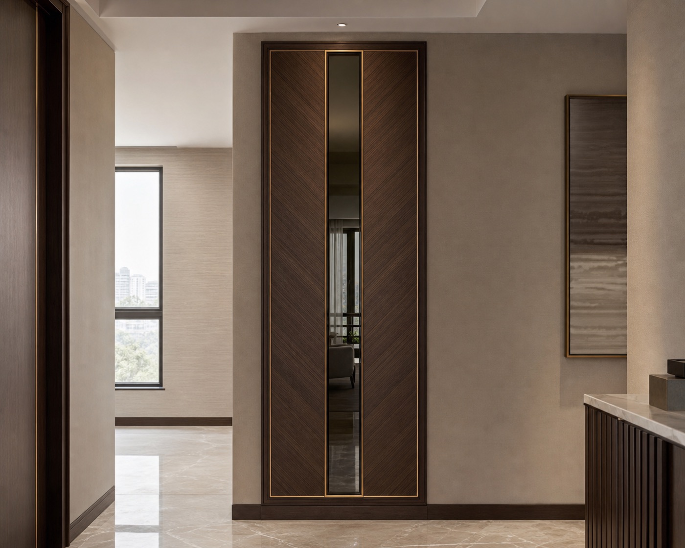 Bronze-Framed Walnut Mirror Panel