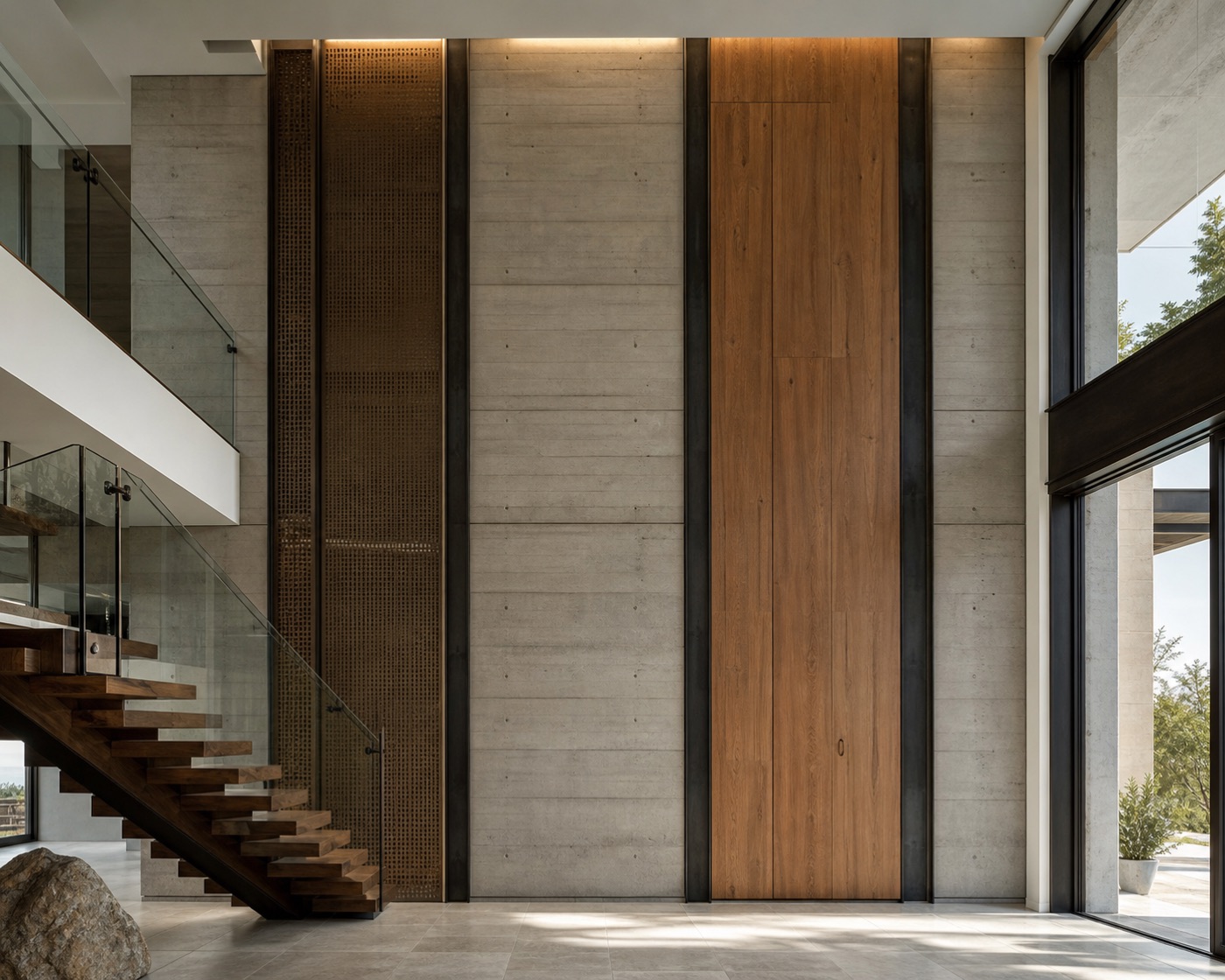 Concrete Walnut Stair Hall Wall