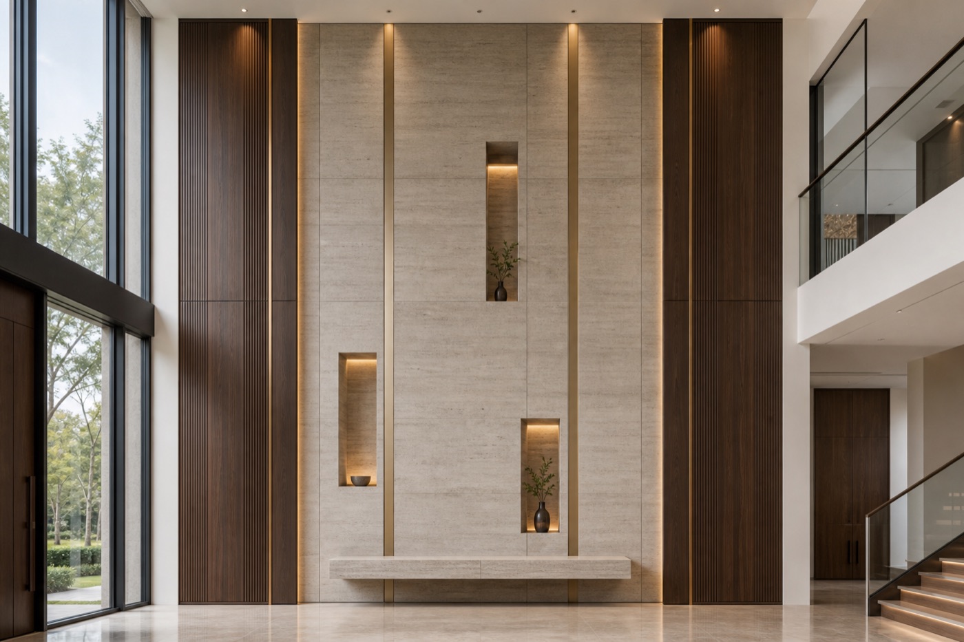 Travertine and Walnut Foyer Wall