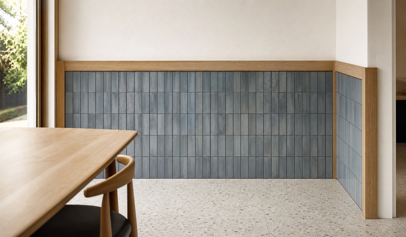 Blue-Grey Ceramic Tile Wainscot