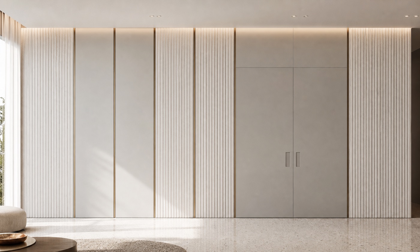 Fluted Limestone Double-Door Wall