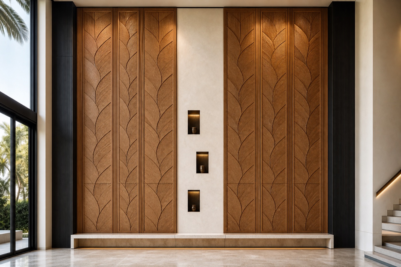 Carved Teak Leaf Foyer Wall