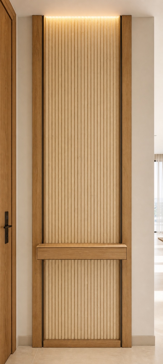 Fluted Sandstone and Oak Entry Panel