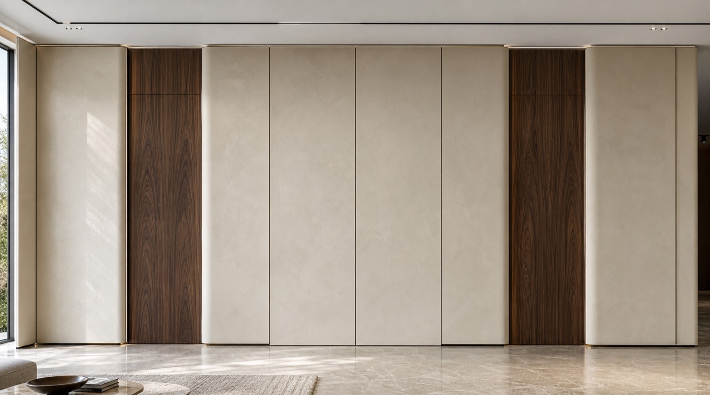 Ivory Microcement and Walnut Door Wall