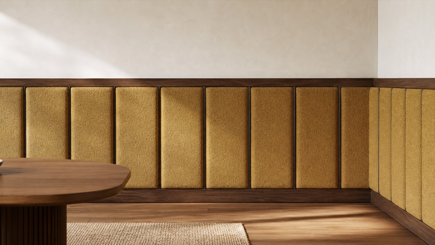 Ochre Boucle and Walnut Wainscot