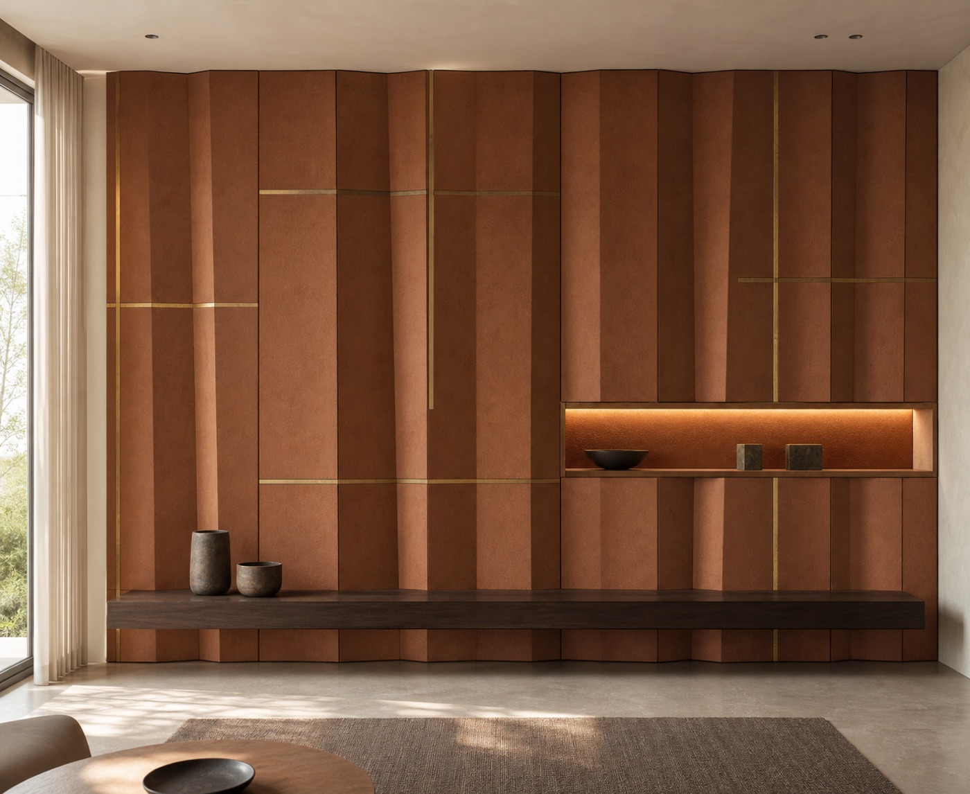 Pleated Clay and Brass Feature Wall