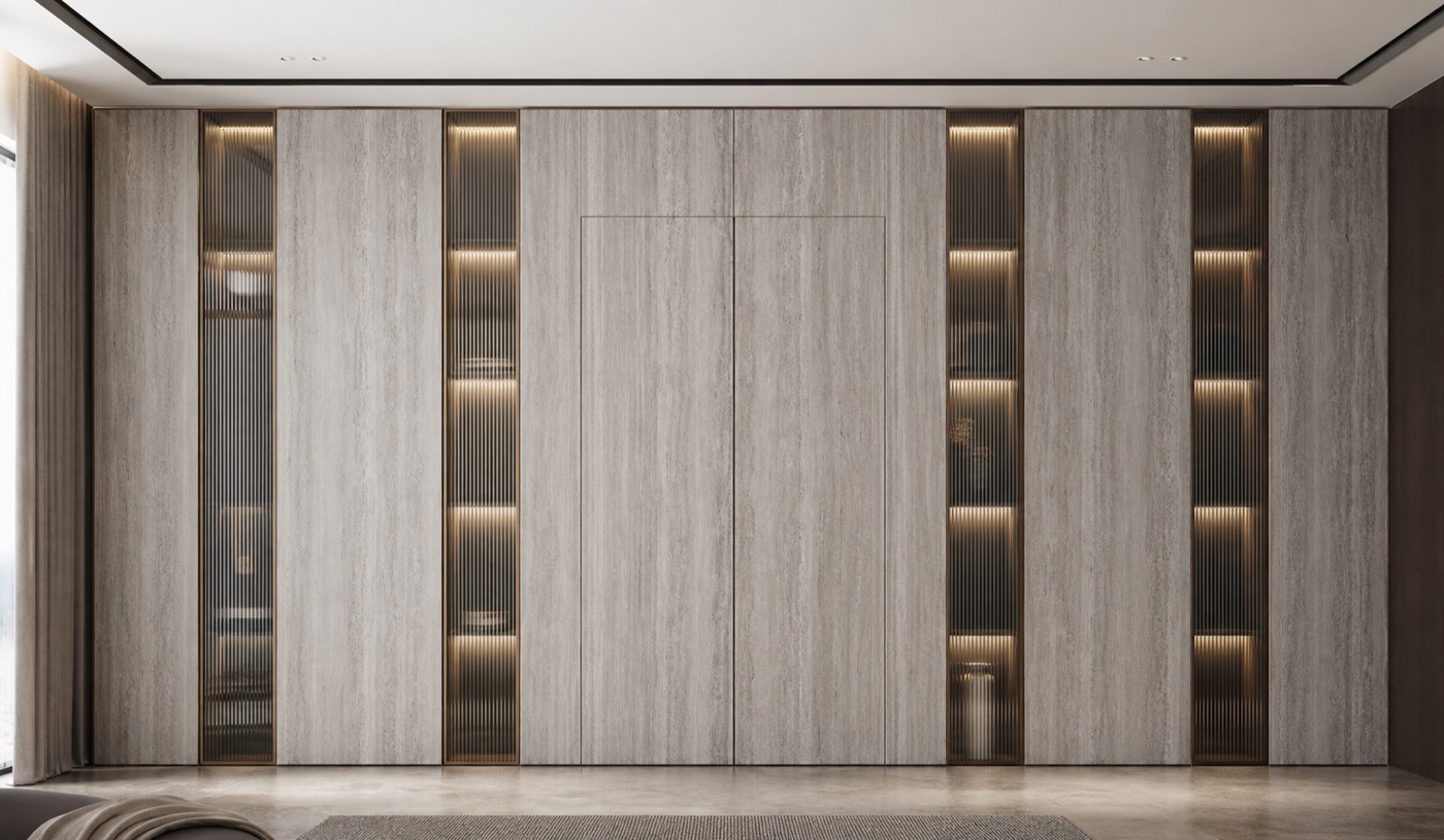 Silver Travertine and Fluted Glass Door Wall